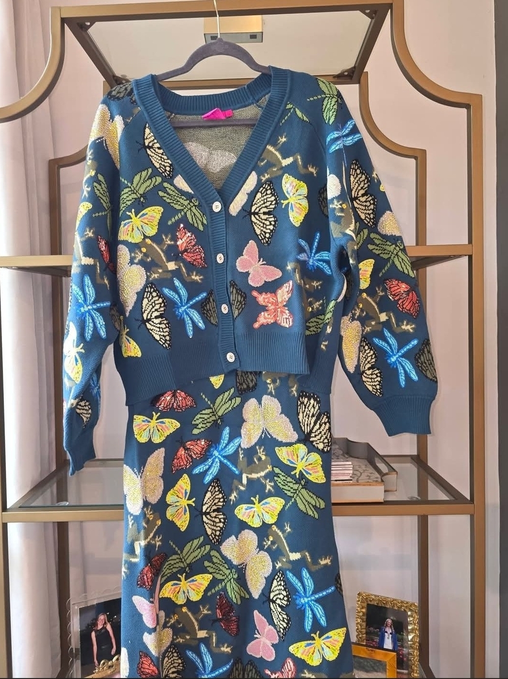 QUEEN OF SPARKLES Teal Scattered Butterfly, Frog & Dragonfly Cardigan/Dress SET
